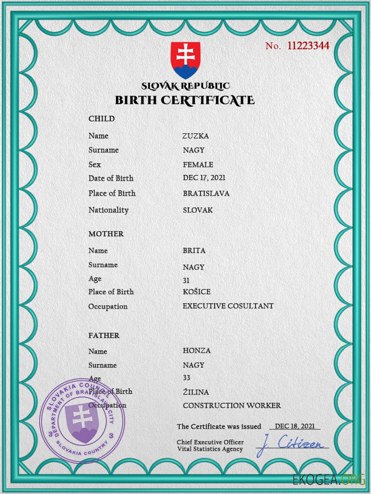 Modèle PSD de certificat de naissance en Slovaquie